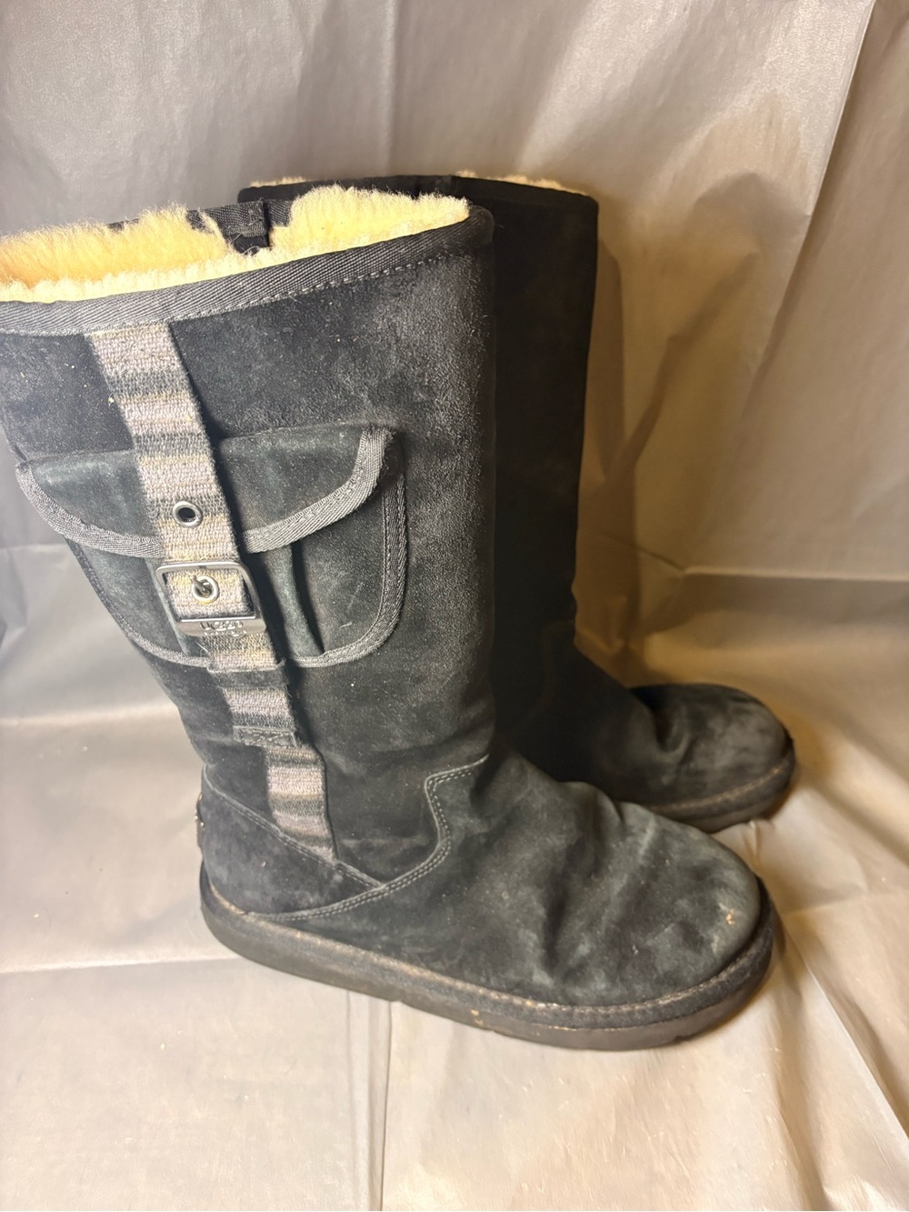 UGH Black Suede Shearling-Lined Retro Cargo Boots